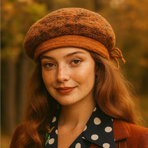 Vintage 1970s Everett Original Knit Beret Hat Orange Brown Textured Wool Bow - Picture 1 of 10